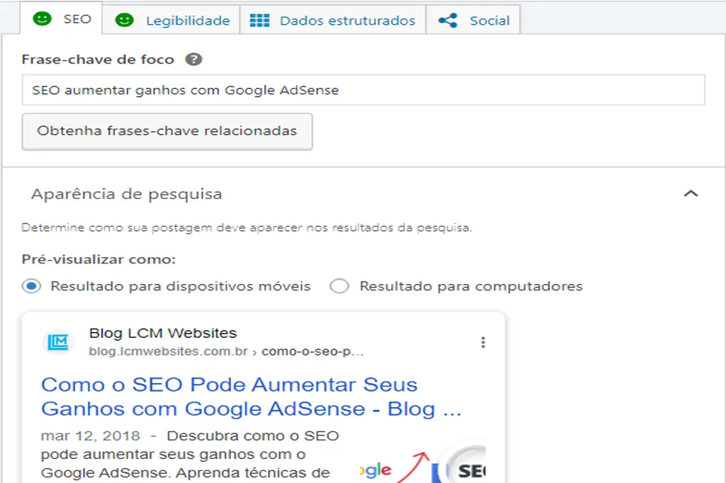 Tela de configuração do Yoast SEO no WordPress para otimização de SEO.