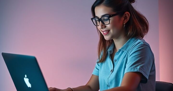 Desenvolvedora utilizando a DigitalOcean para projetos na nuvem com um sorriso, simbolizando a facilidade da plataforma.